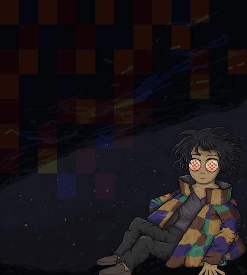 A woman sittling in the bottom right corner of a cave. Her eyes look really weird.