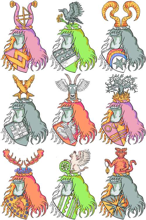 Arms of various heraldists.